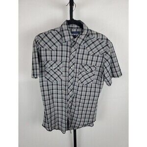 Wrangler Shirt Mens Medium Gray Black Plaid Pearl Snaps Pockets Western Cowboy
